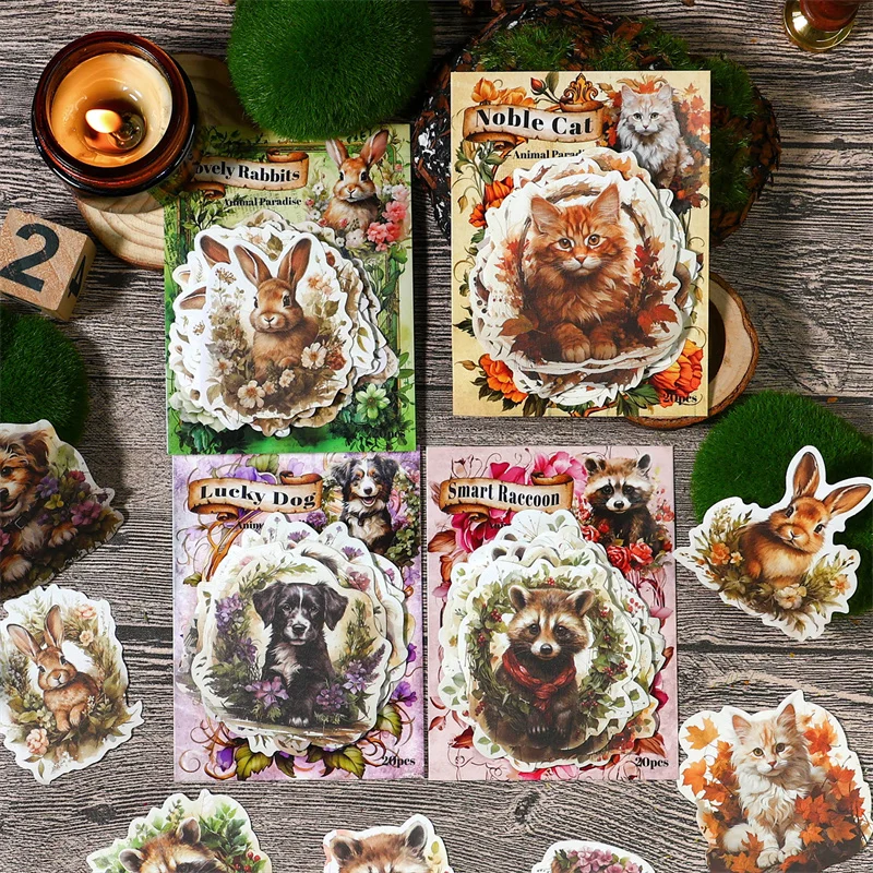 

20Sheets Forest Animal Paradise Collage American Retro Handbook Stickers Cat Decor Material Scrapbook Cut 157*98MM