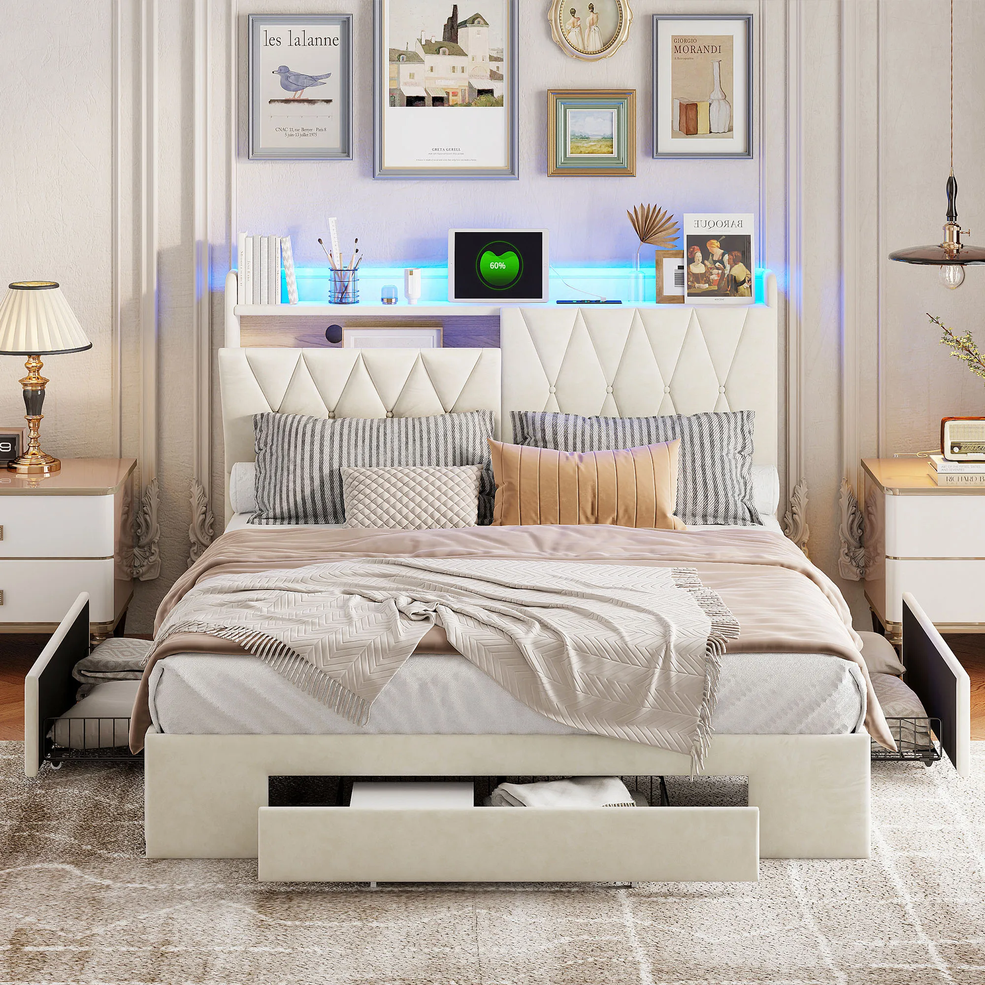 Polsterbett 140 x 200 cm, LED-Bett mit 3 Schubladen, Doppelbett, LED-Kopfteil mit USB-Ladefunktion,