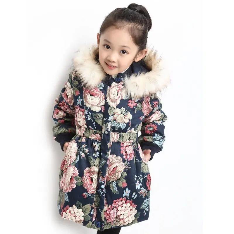 Winter Cotton Jacket For Girls Coat Floral Pattern Fur Hooded Children Outerwear Clothing 3-12 Year Teenage Kids Parka Snowsuit