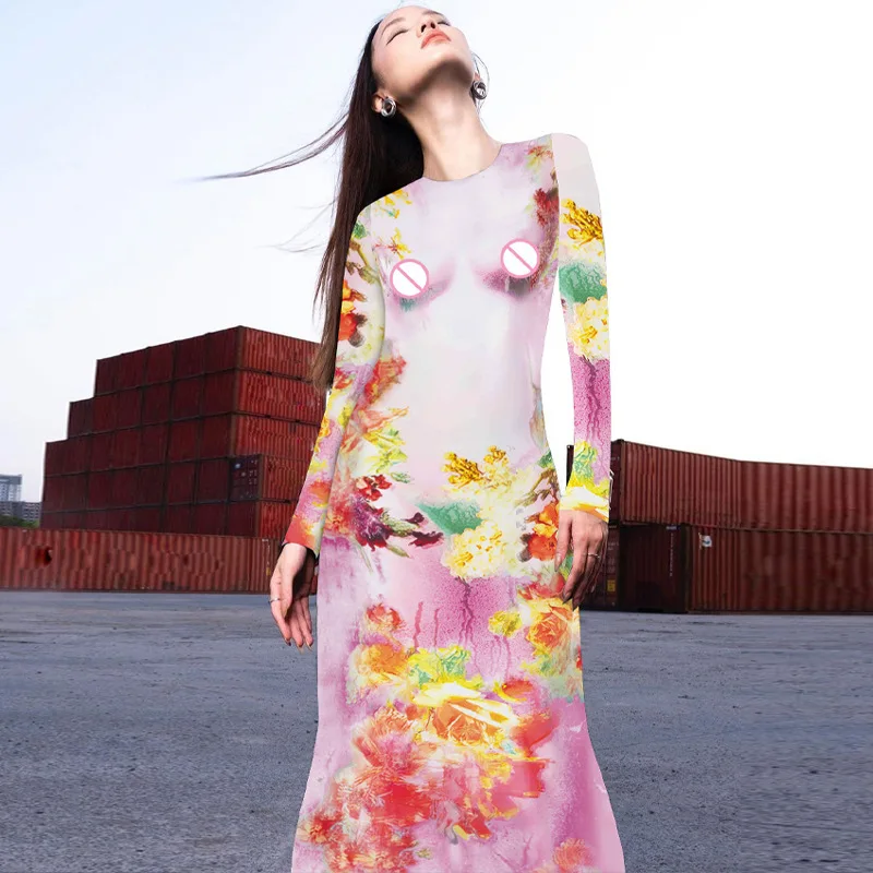 Slim Fit Longo Sve redondo Ne Dr Floral Estampado cintura média malha poliéster Thi Winter Basic Sle Bodycon Saia