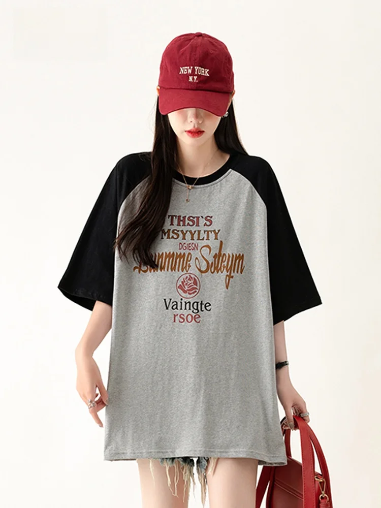 

Свободная женская футболка oulder Insert Sve Color Blo в американском стиле ретро с буквенным принтом, летняя новинка, повседневный удобный топ