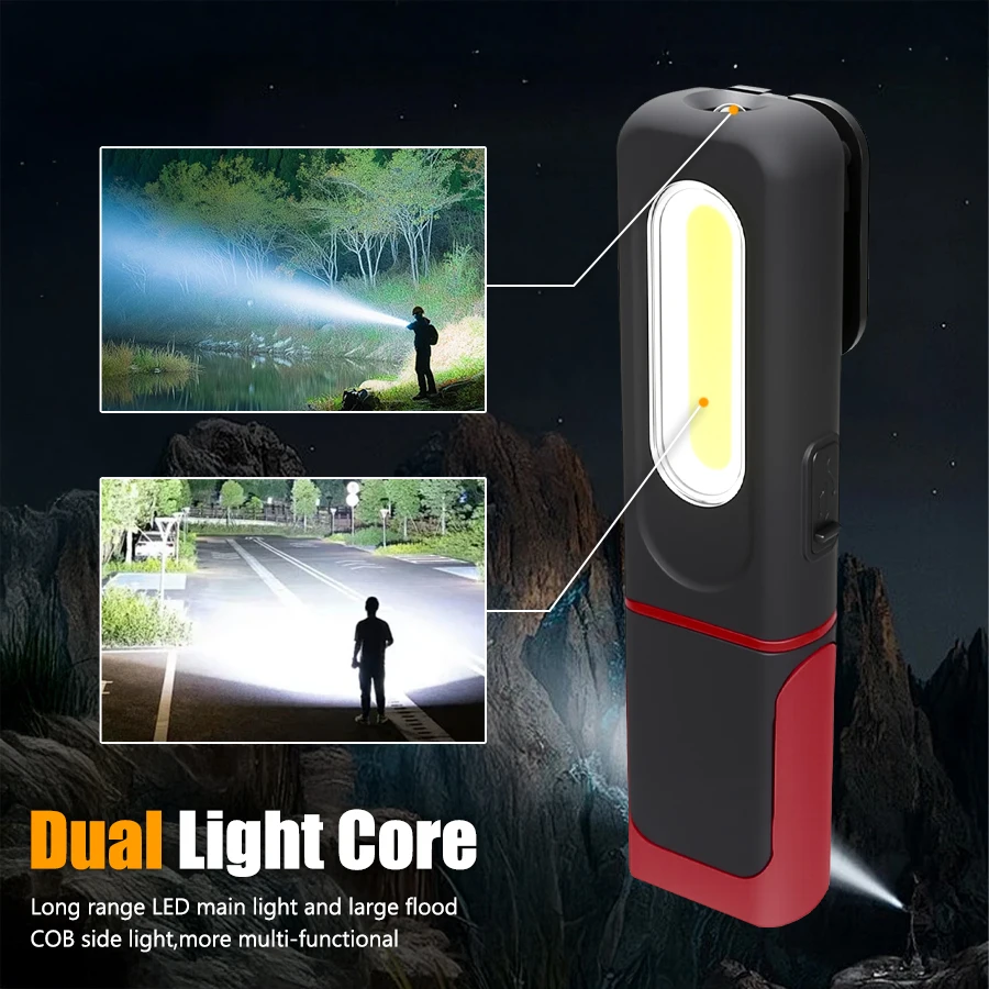 Tragbare LED-COB-Notfall-Taschenlampe mit Magnet und Haken, wiederaufladbare Arbeitsleuchte, 3 Modi, freie Winkeleinstellung, wasserdichte Lampe