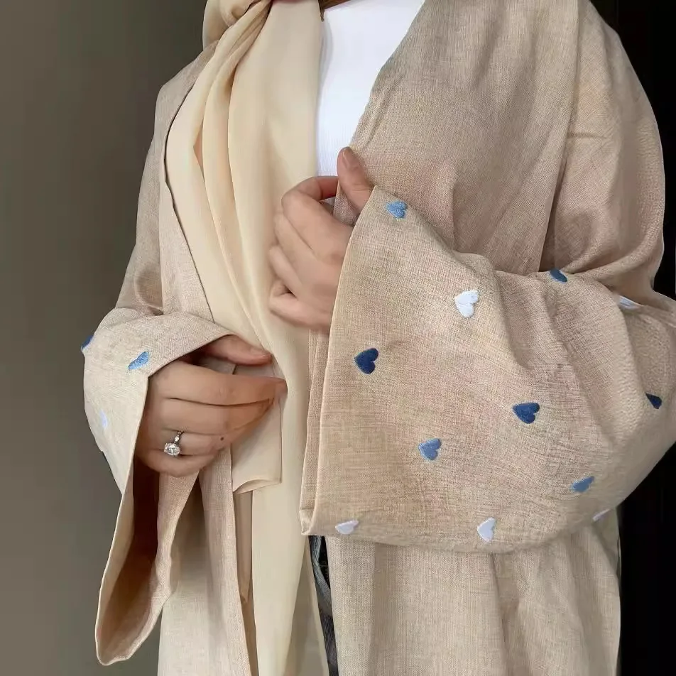 Abaya en lin une pièce pour femme, cardigan ouvert avec broderie cœur, manches chauve-souris, Hijab en mousseline de soie, vêtements d'extérieur Eid, 2024