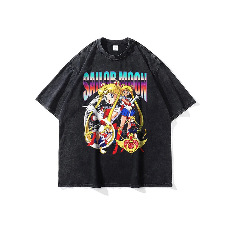 

Sailor Moon Anime Washed T-shirt Trend Summer New Cotton Men's and Women's Plus Size T-shirt Y2K Loose Casual Short Sleeved Top