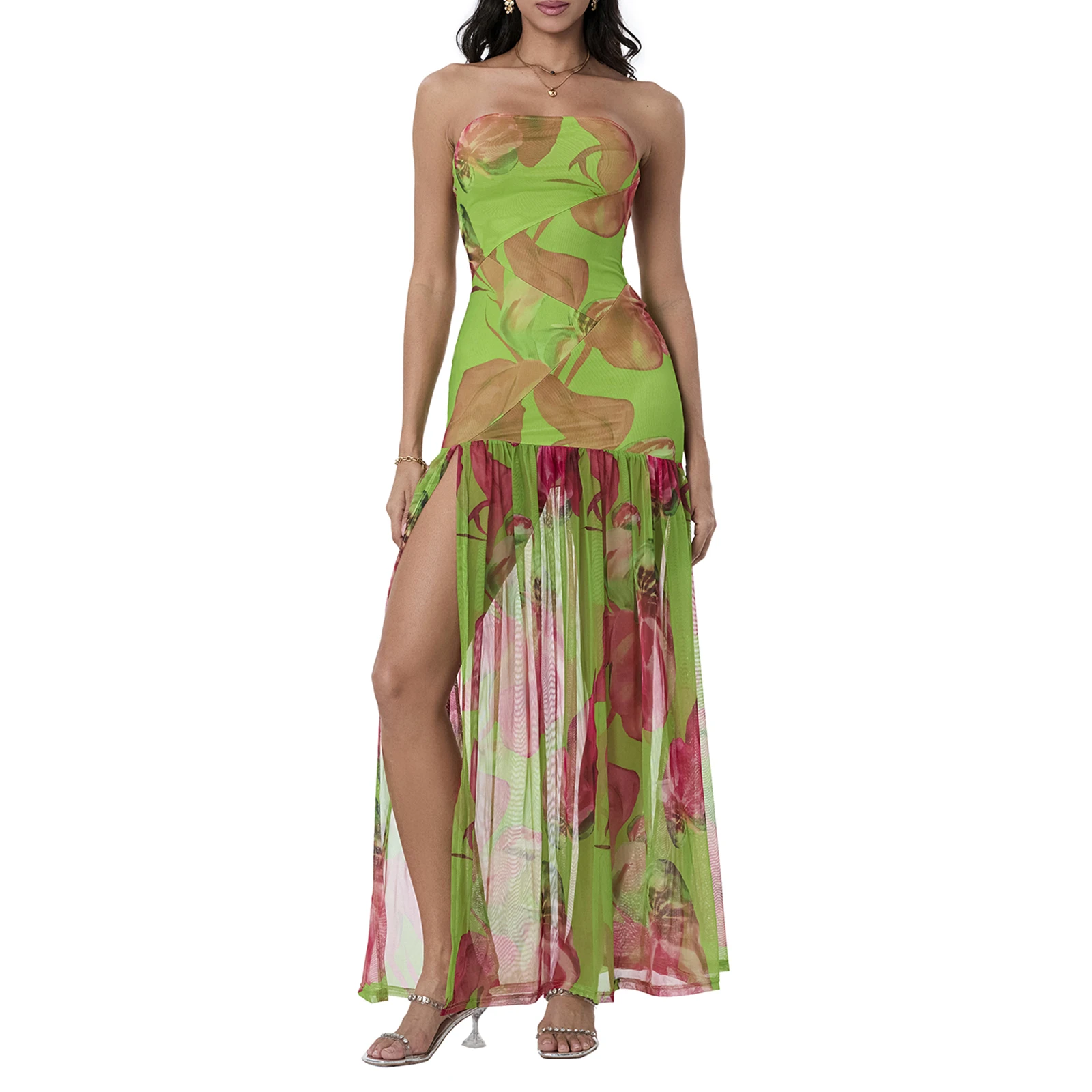 Dames Tube Top-jurk Slanke strapless rugloze mesh patchwork tropische print lange jurk met hoge split voor feestclubavond - afbeelding 1