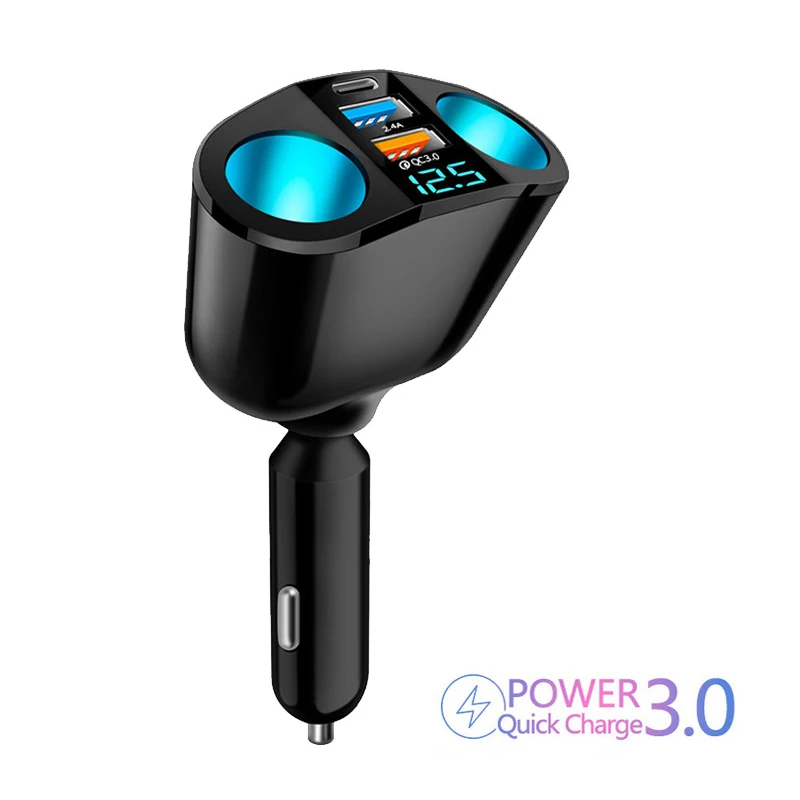 Car Cigarette Lighter Splitter 2 Socket USB Type C QC3.0 Charger With Voltage Display Universal Fast Charging SUV Truck Adapter