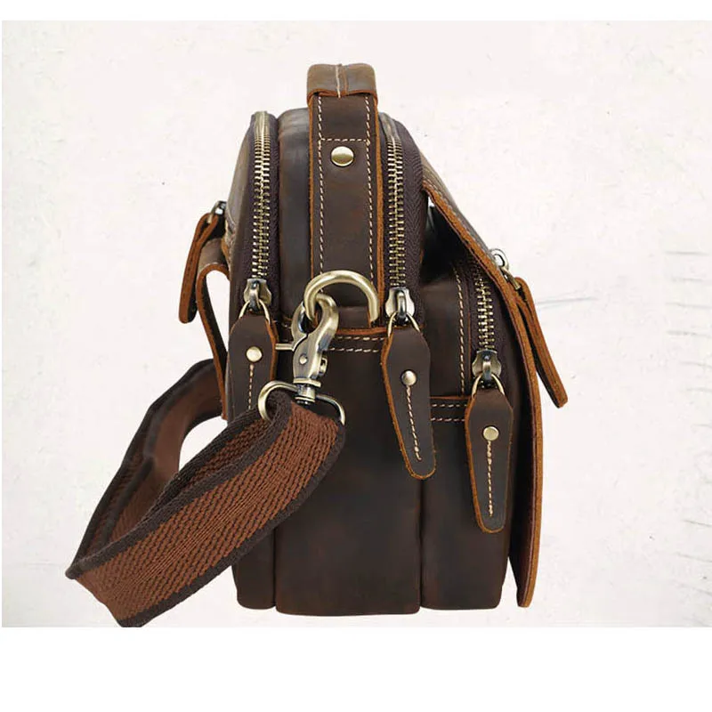 Men\'s Mini Shoulder Bag Crazy Horse Genuine Leather Crossbody Belt Bag Double Zipper Pocket Phone Pouch Vintage Handbag