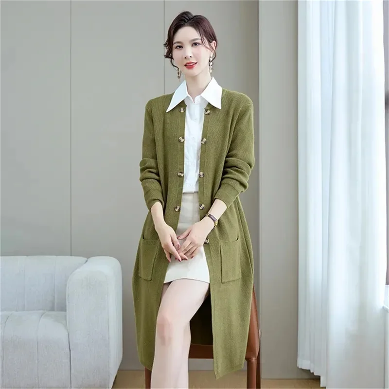 Black Woolen Coat Beige Sweater Autumn And Winter Fashion Long Knitted Cardigan Jacket Women's Over Knee Sweater Coat Female