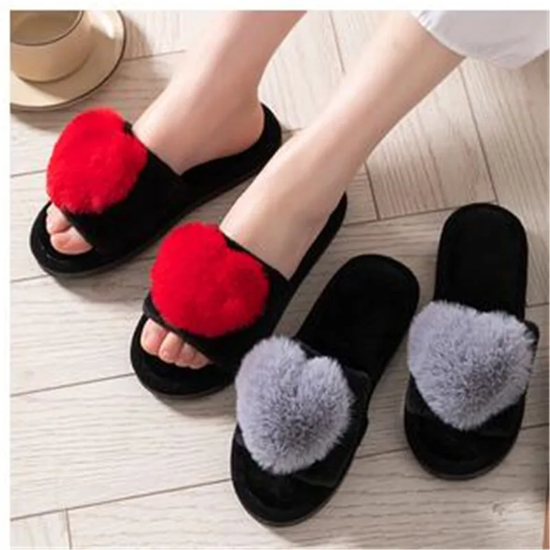 

Heart Love Fluffy Fur Slippers Women Warm Open Toe Plush Memory Foam Slide Slippers Home 2023 Winter Indoor Shoes