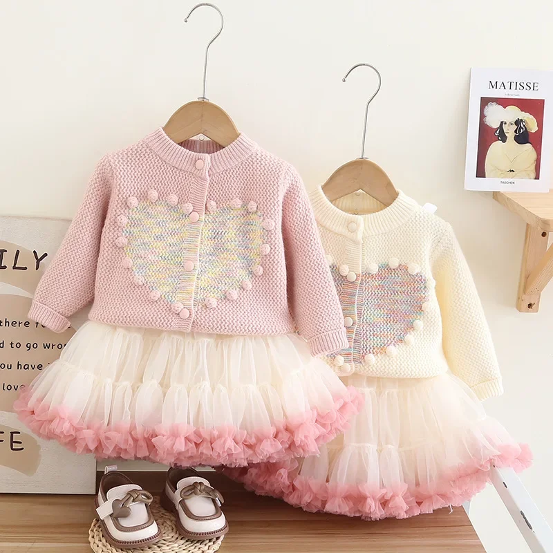 Girls Set Girl Sweater Cardigan + Gauze Shag Skirt Girl Baby New Knitted Peach Heart Long Sleeve Sweet Set  Knitted Sweater