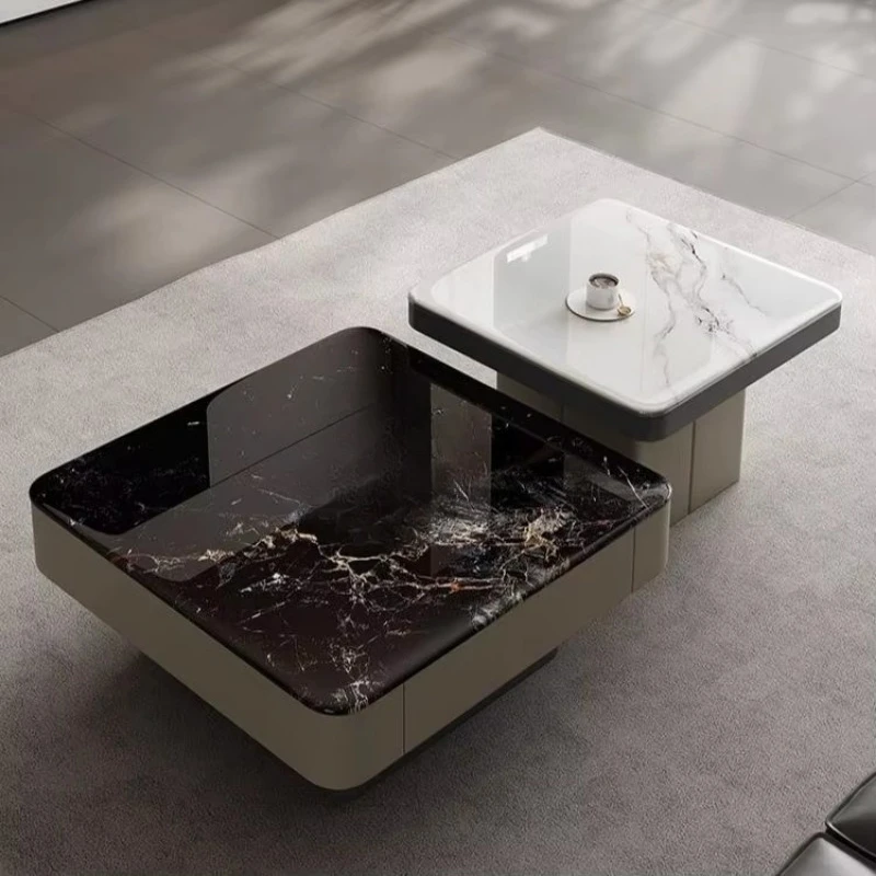Modern luxury wood marble square coffee table set living room