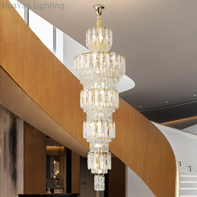 Duplex Villa Living Room Crystal Light Lobby Empty Chandelier Building Middle Building Simple Spiral Staircase Long Chandelier