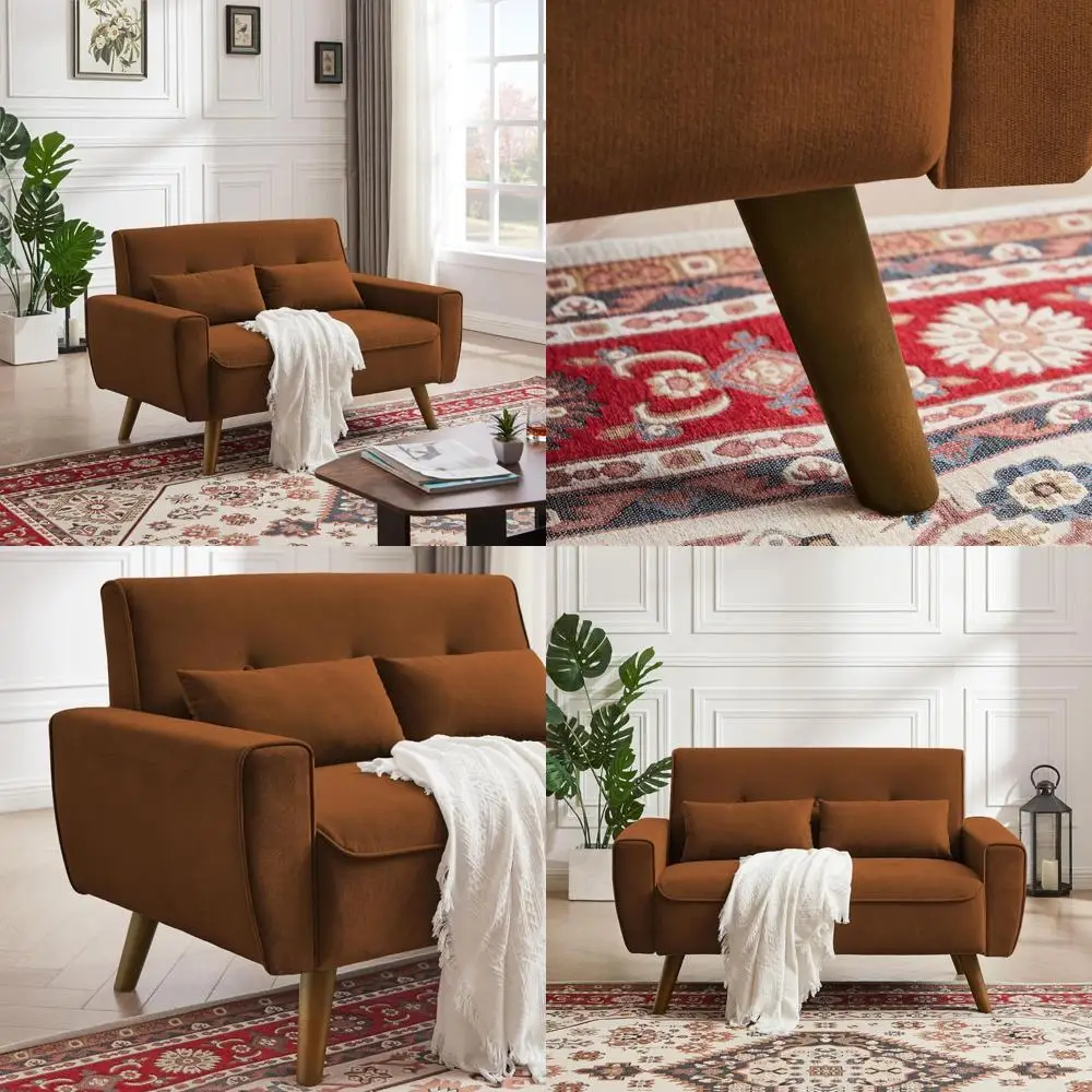 Sofá Loveseat moderno de 2 lugares de meados do século com encosto acolchoado e pernas de madeira para conforto da sala de estar