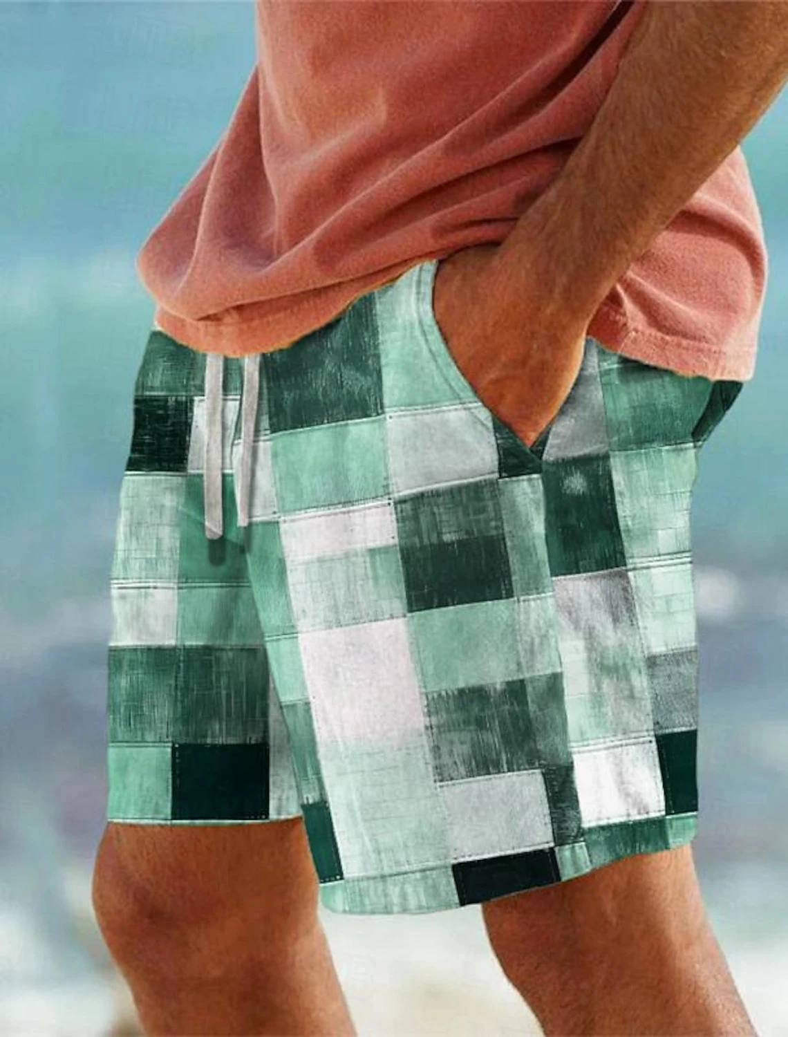 Men\'s Patchwork Plaid 3D Printed Beach Pants Summer Breathable Shorts Fitness Street Ropa Hombre