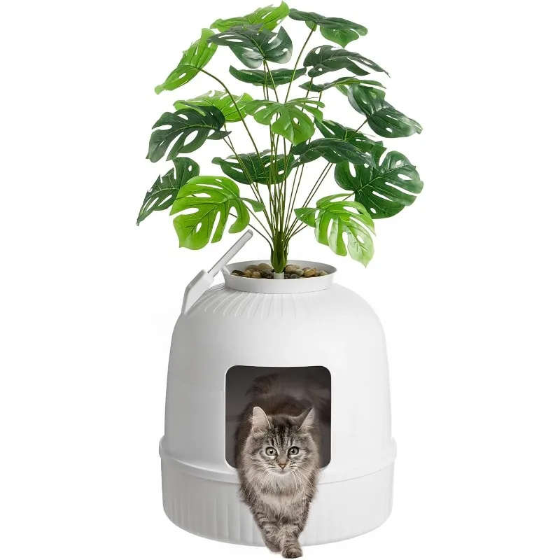 

Litter Box Cat with Faux Plant & Scoop(Random Color),Hidden Enclosure Litter Tray with Odor Control&Carbon Filter in Living Room