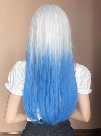 Women's wig synthetic summer blue long straight hair air bangs cos hairy girl style wig natural cosplay party heat-resistant