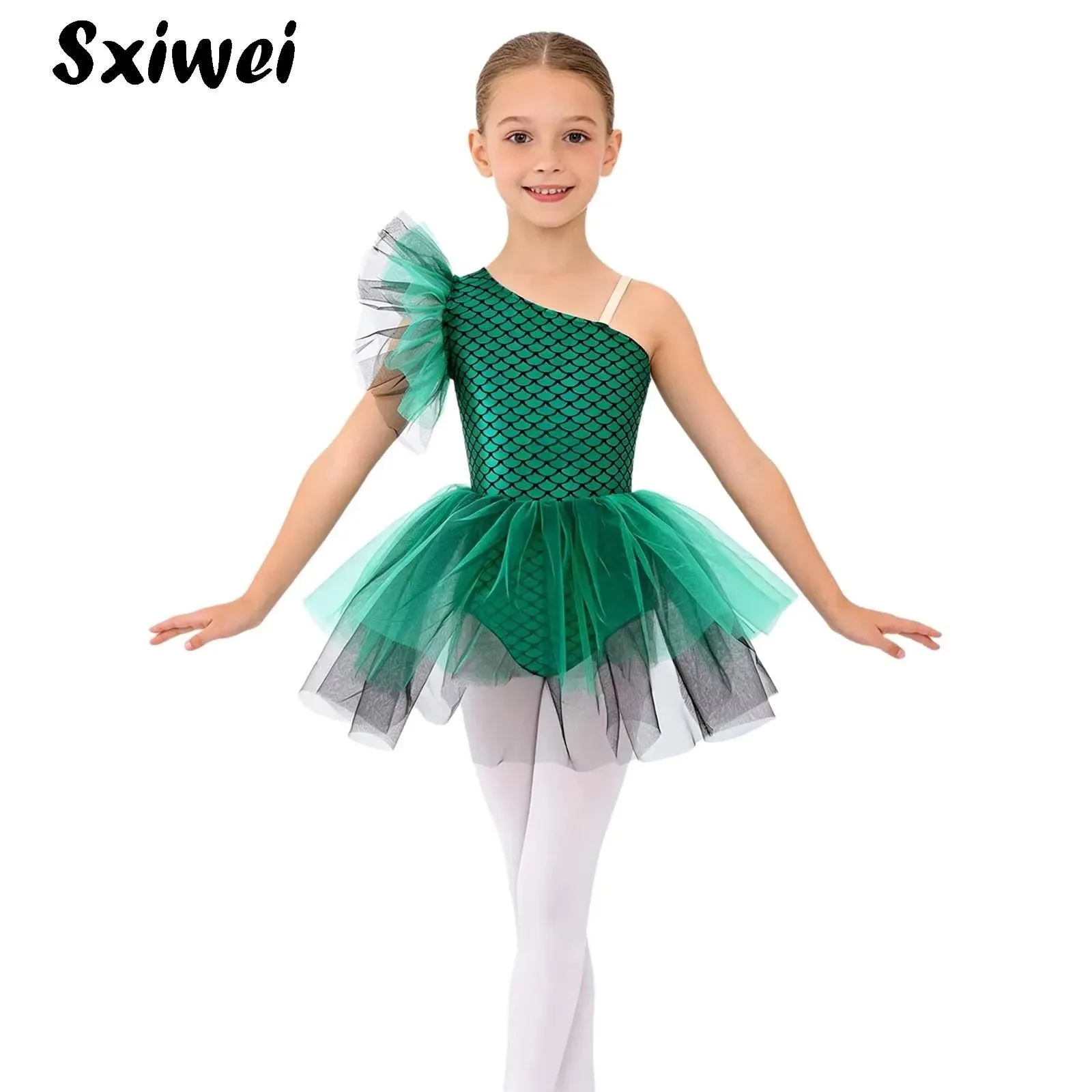 Girls Mermaid Ballet Leotards One Shoulder Fish Scales Tutu Dress Metallic Gymnastic Bodysuit Halloween Mermaid Princess Costume