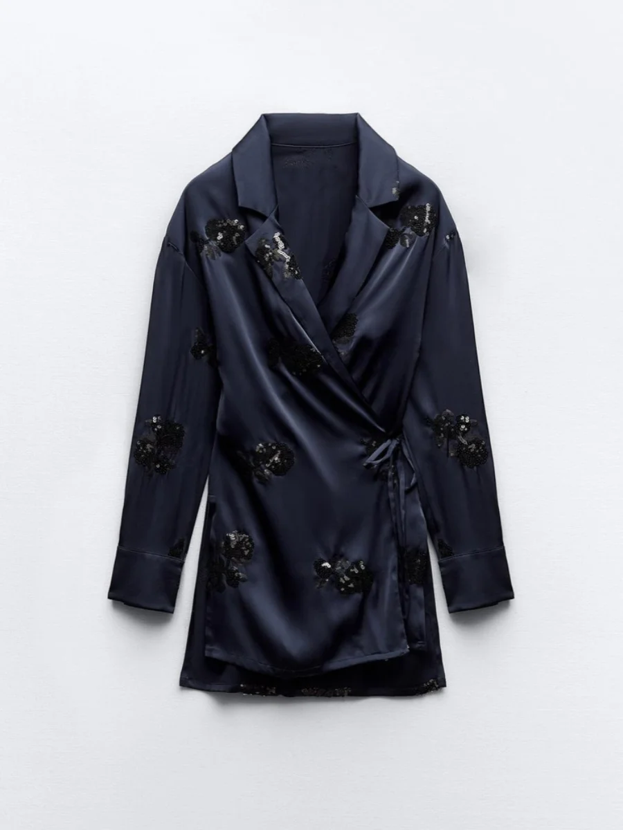 Summer New Women's Long Sve Turn-down Collar Kimono Sle Belted Suit Jaet Medium Length Other 00% Material