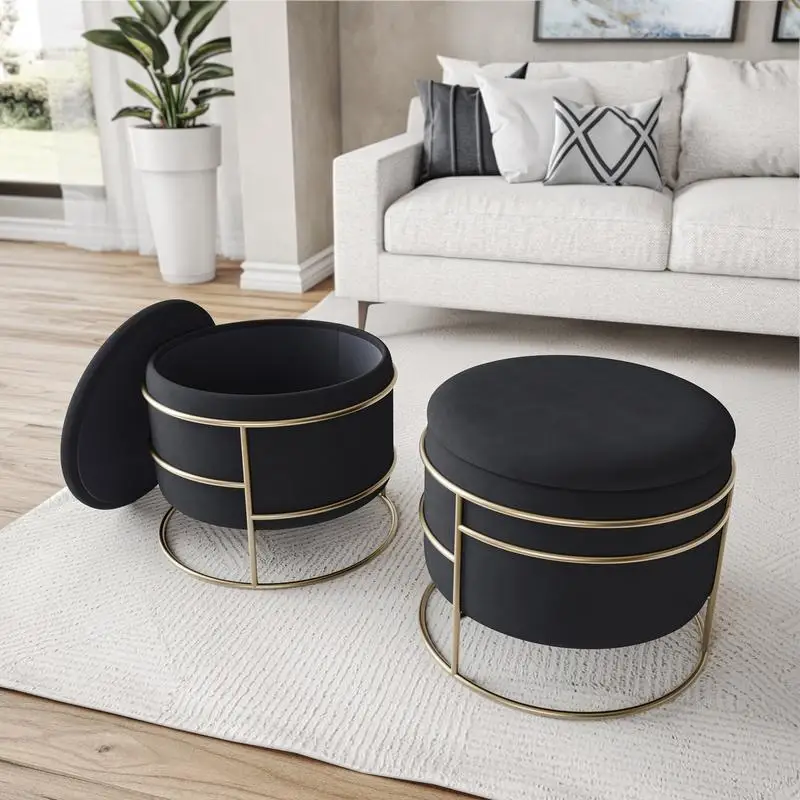 

Elegant Round Storage Ottoman with Gold Frame and Black Upholstery, Stylish and Functional Accent for Living Room or Bedroom