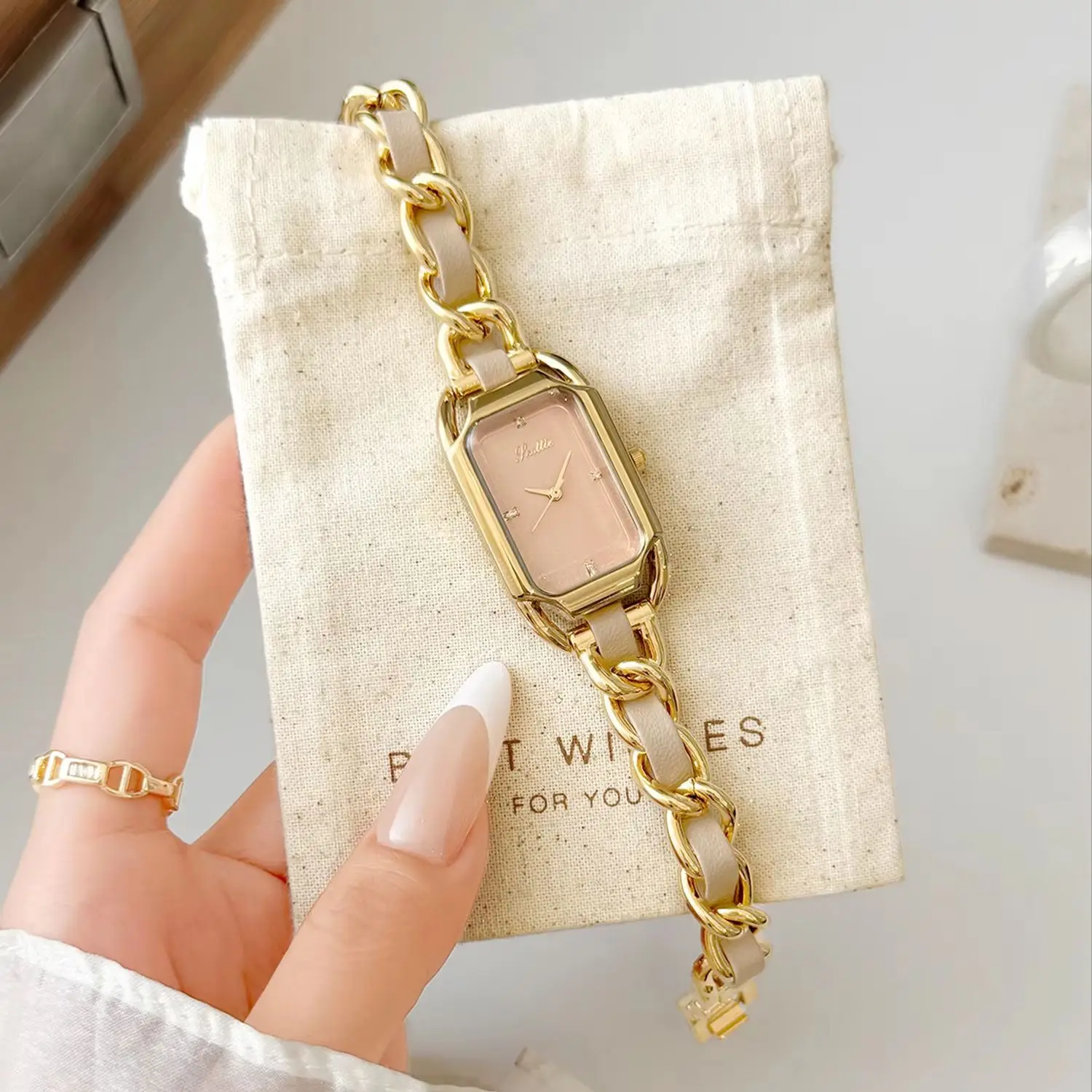 Vintage Watch for Women Luxury Rectangle Dial Quartz Wristwatch Ladies Chain Leather Splice Bracelet Watch Elegant Dress Watch