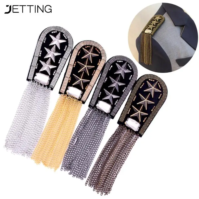 

1Pc Vintage Five Star Tassel Chain Shoulder Board Badges Beads Fabric Metal Epaulet Epaulette Military Pin On Brooch Medal