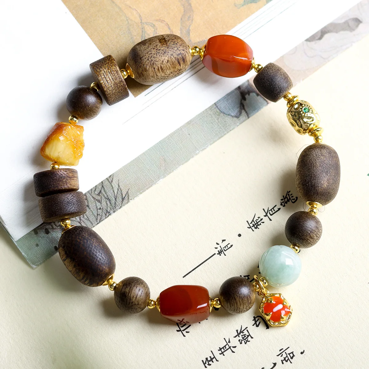 Handwoven Yellow Agarwood Bracelet with Beeswax and Jade New Chinese Style Beaded Bracelet for Women Gifts