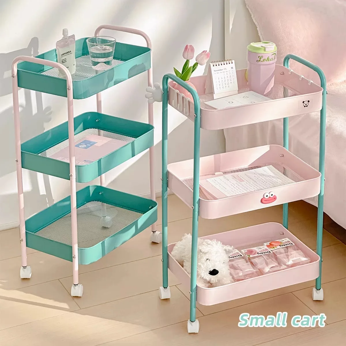 

For HOt Contrast Color Trolley Storage Shelf Multi-layer Trolley Organizer Mobile Cosmetics Snack Storage Rack Bathroom Shelf