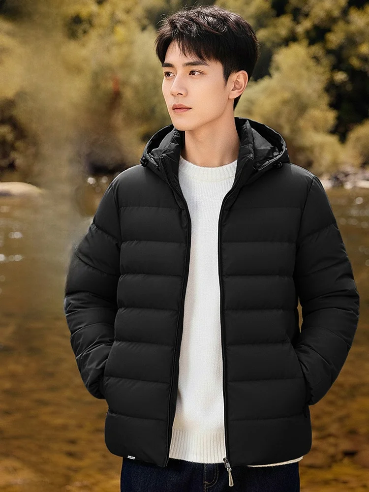 

Мужская легкая пуховая куртка с капюшоном, теплая, с внутренним утеплителем, повседневная, ветрозащитная, на молнии, с дизайном в стиле ребристой ткани.