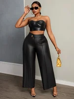 Plus size vintage cool pants, black PU leather wide-leg trousers, high-waisted buttoned to slim and show long legs - Image 3