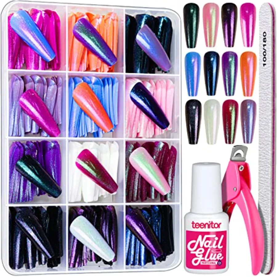 

Накладные ногти Long Press On Nails Chrome Press On Nails для женщин, 288 шт., набор накладных ногтей Long Coffin Ballerina с 12 голографическими металлическими M