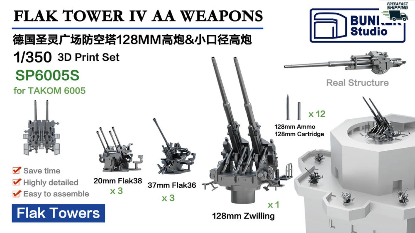 SP6005S 1/350 Flak Tower IV AA Weapons Set (128mm/20mm/37mm) for TAKOM 6005