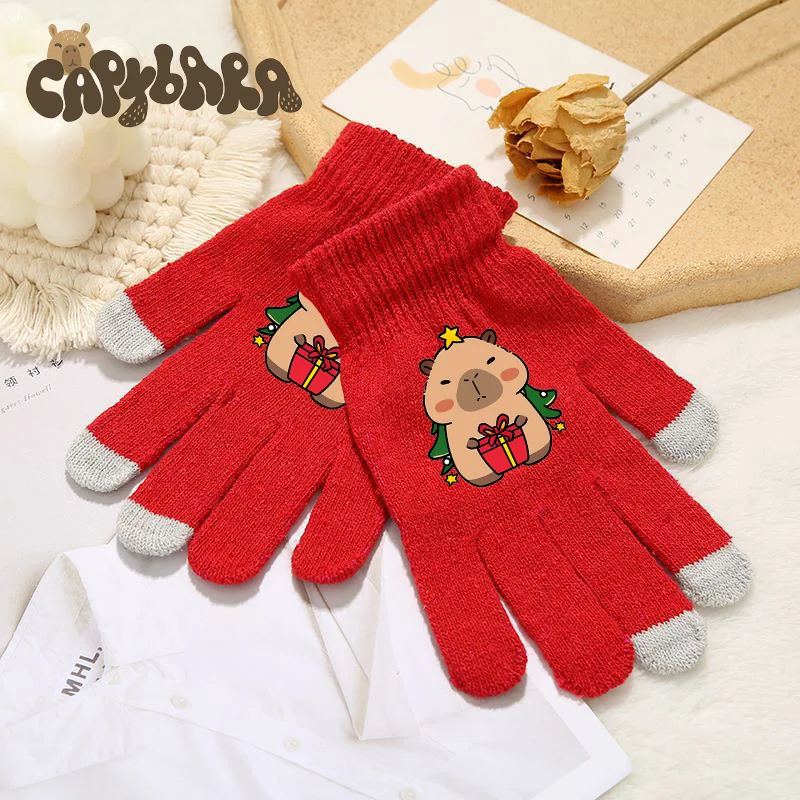 

Capybara Gloves Kids Christmas Cartoon Cute Knitted Glove Boys Girls Winter Touchable Screen Warm Accessories Mittens Xmas Gifts