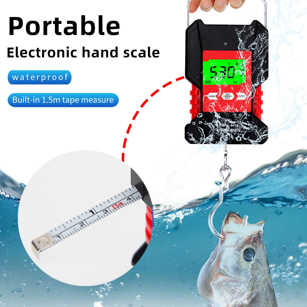 50kg/5g przenośna waga z hakiem do zawieszania waga elektroniczna z podświetleniem wodoodporna waga rybna z 150cm wysuwana taśma miernicza