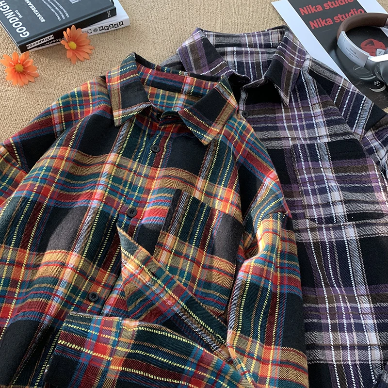 2024 Autumn Oversized Plaid Shirt Retro Long Sleeve Single-breasted Cardigan Loose Fit Turn-down Collar Shirt Men Women Blouse