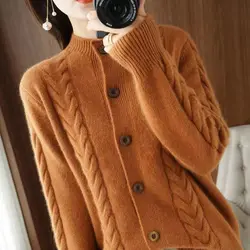 Fashion Solid Color Stand Collar Button Korean Cardigan Sweater Women's Clothing 2022 Autumn New Casual Tops Loose Commute Coat