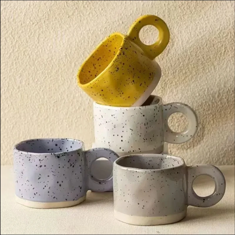 Splash Ink Irregular Water Cups, Round Handle Coffee Mug Splicing Colors Personalized Home Tea Cup,Handmade Couple Handgrip Mugs