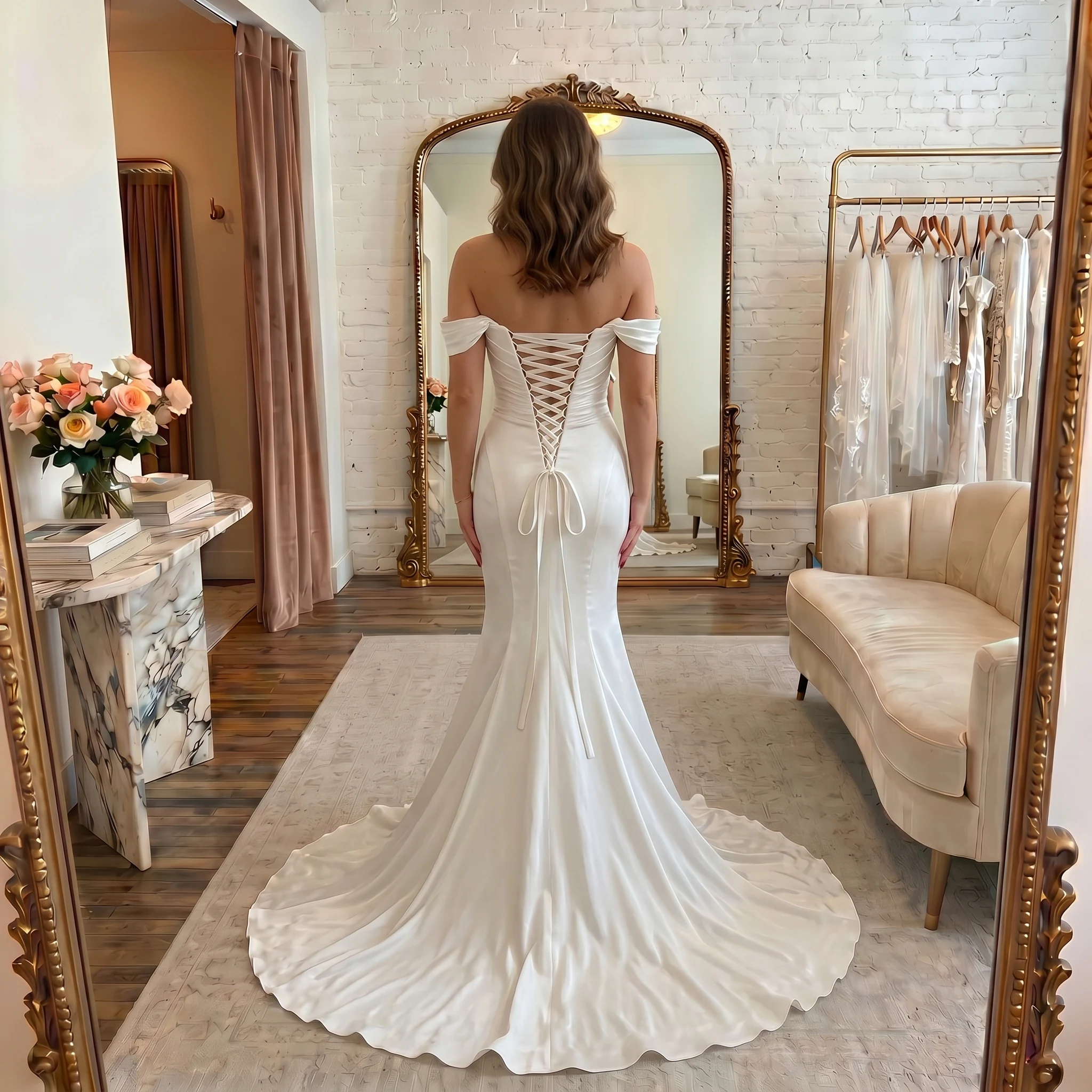 Satin Mermaid Wedding Dress Fitted Body Wide Sweep Train Minimalist Elegant Bridal Gown Custom Ivory Simple Vestido De Novia