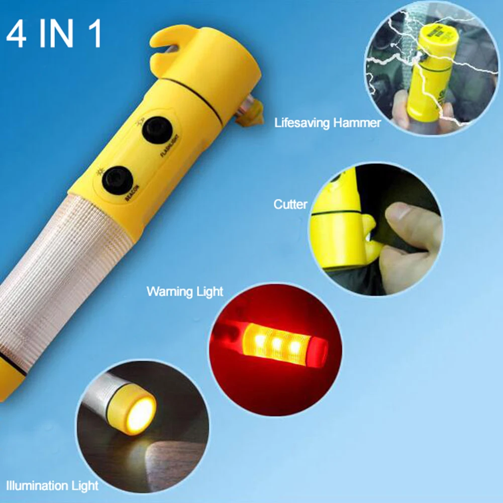 4 In 1 Car Window Breaker Safety Belt Cutter Flashlight LED Signal Light Emergency Sersonal Safety First Aid Self-Rescue Tool