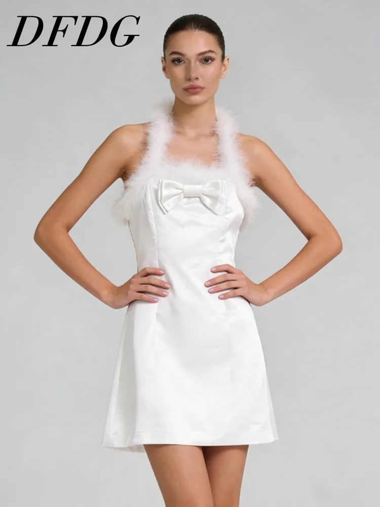 

Женское мини-платье DFDG с завязками на шее, перьями и бантом, А-силуэт, для весны/лета, элегантное, для вечеринок и торжественных мероприятий, модное, трендовое, женственное, 2026
