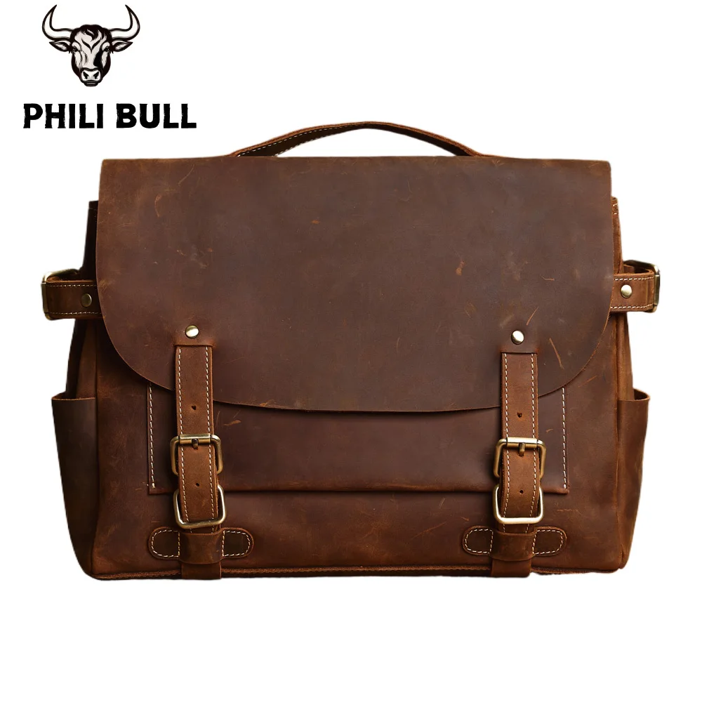 Phili Bull leather men's briefcase casual fashion handbag Crazy Horse leather large capacity business bag can store 14 inch lapt