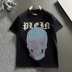 Alex Plein Skulls Rhinestones Crystal Streetwear Men's Fashion Clothing Crew Neck 2024 Summer Short Sleeve Couple Cotton Tshirt