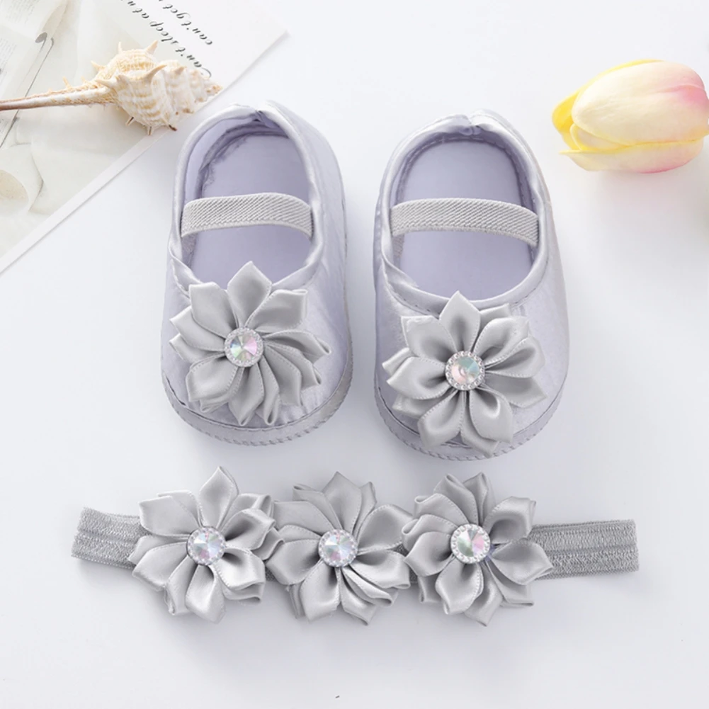 Baby Girls Cotton Shoes Spring Toddler Cute Pearl Flower Princess Shoes First Walkers With Headband Infant Soft Bottom Prewalker