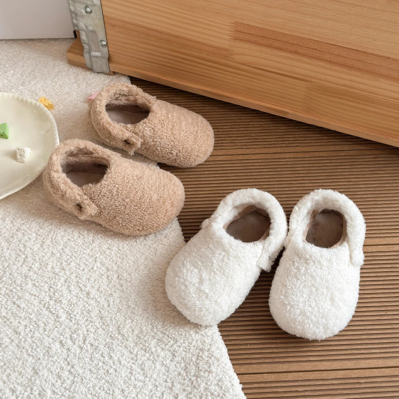 Kids Warm Plush Closed‑Back Winter Clog Shoes, Adjustable Buckle Soft Non‑slip Home Outdoor Shoes