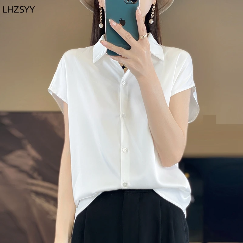 

LHZSYY Simple 2024 Silk Satin Short Sleeve Jacket Shirts Ladies New Joker Cardigan T-shirt Casual Silk Lapel Shirt Summer Blouse