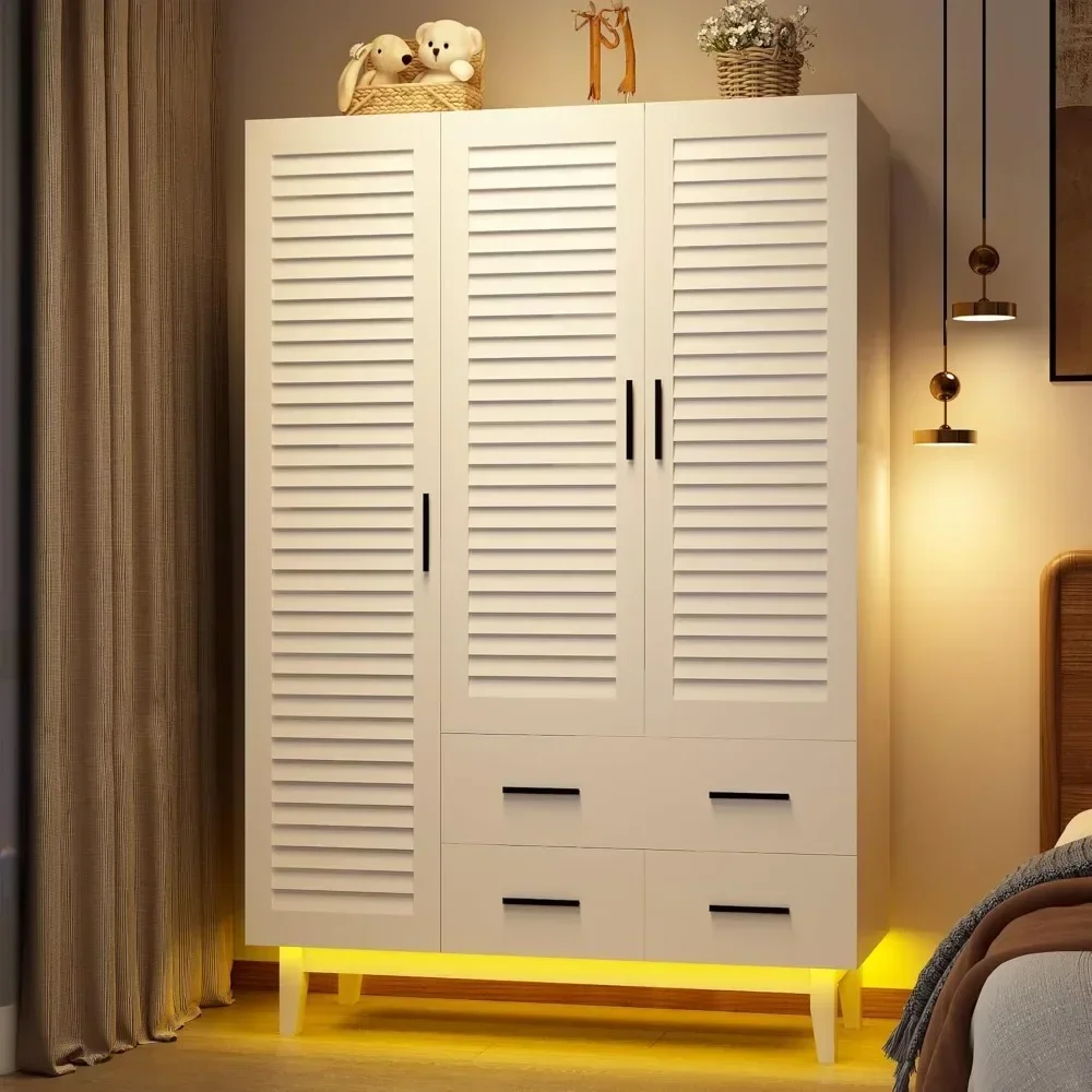 Drawers and LED Lights, Multi-Tier Shelves, Hanging Rod  Large Capacity Storage Wardrobe Armoire for Bedroom