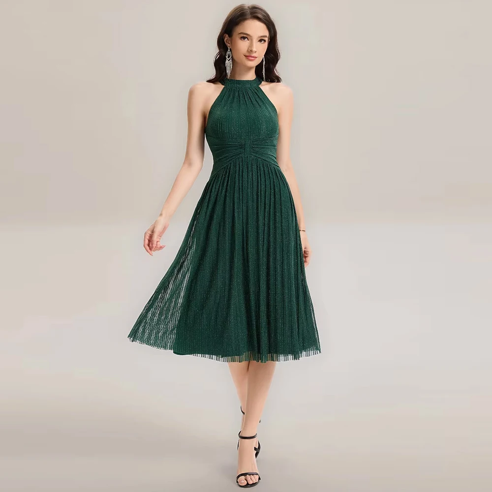 BAZIIINGAAA Party Dress Slightly Stretchy Halter Neck Sleeveless A-Line Midi Evening Dresses