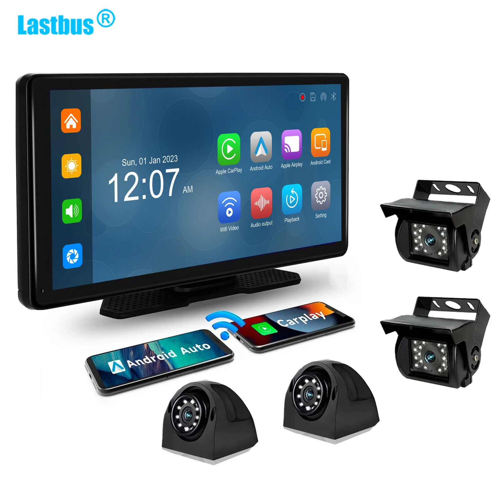

Lastbus 10.36 Inch Wireless Carplay Monitor Android Auto Screen DVR Player FM Bluetooth 4x 1080P Front Sides Rear Cameras Truck
