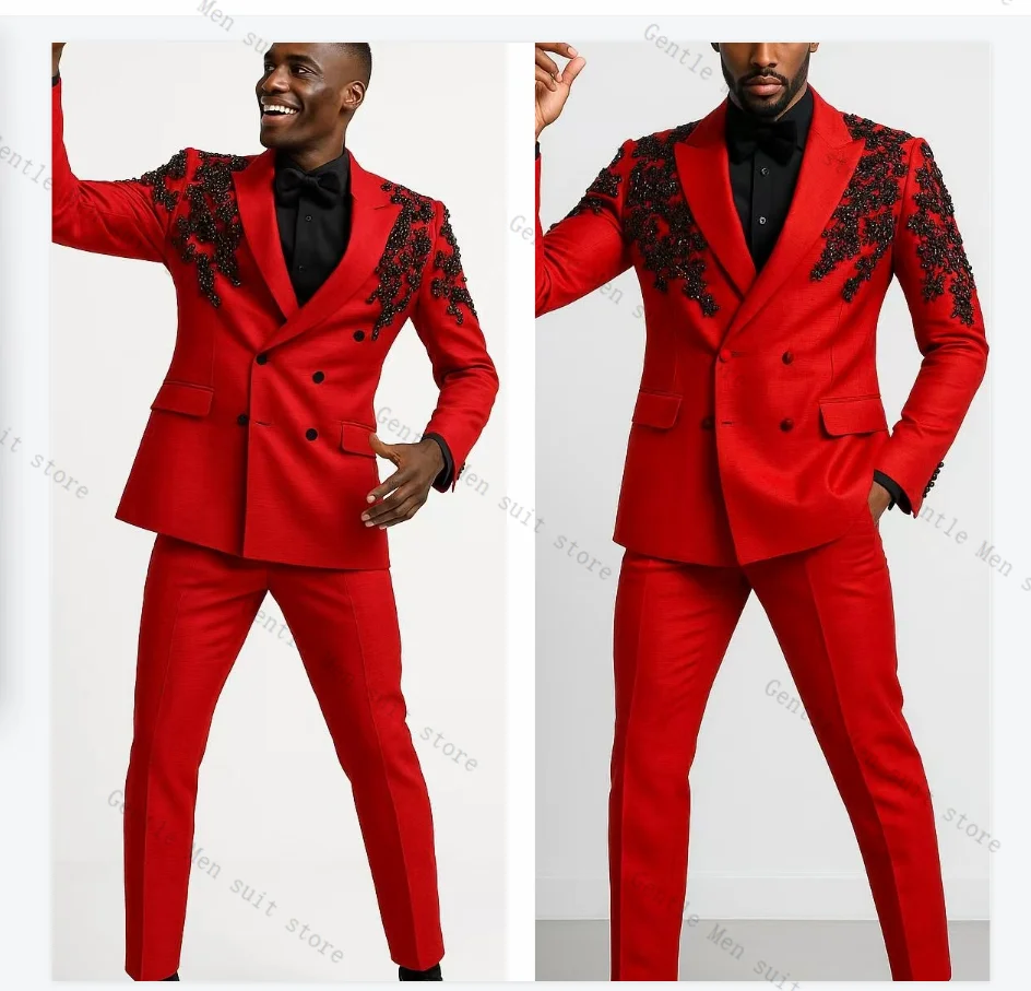 

Red Groom Men Suit Set 2 Piece Blazer+Pants Trousers Crystals Autumn Wedding Tuxedos Formal Office Jacket Prom Coat Customized