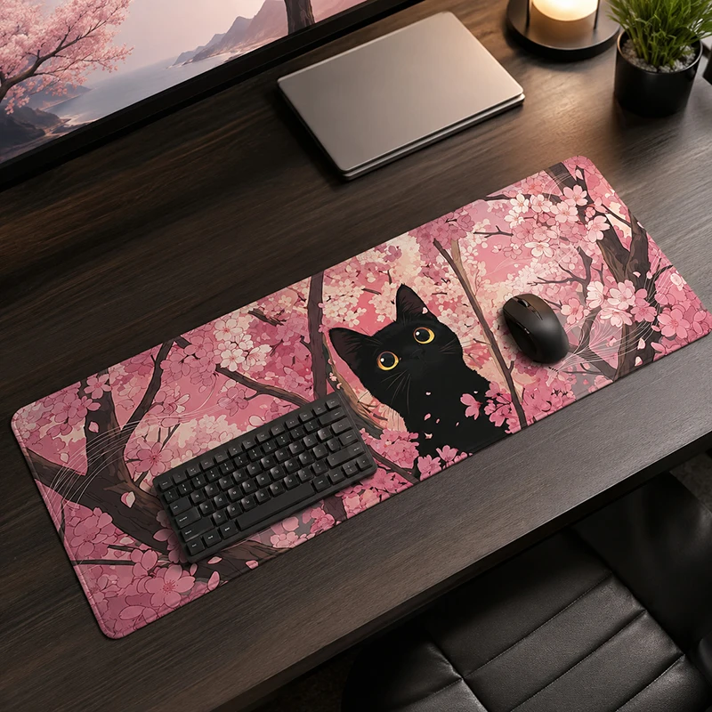 Black Cat under Cherry Blossoms Mouse Pad Gaming XL HD Mousepad XXL Mouse Mat Natural Rubber Soft Carpet Laptop Mice Pad