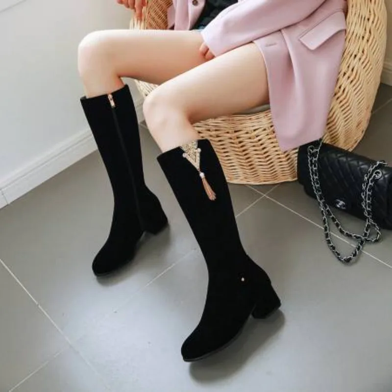 

2025 Winter Women Knee High Boots Black Stretch Suede Square Heels Dress Party Lady Round Toe Zipper Plush Riding Long Boots